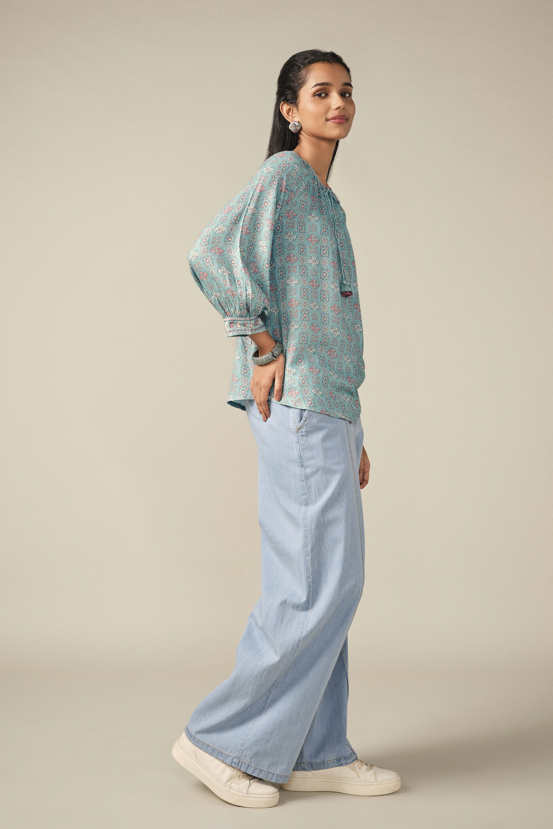A-Line Printed Peasant Top in Teal, Teal, image 4